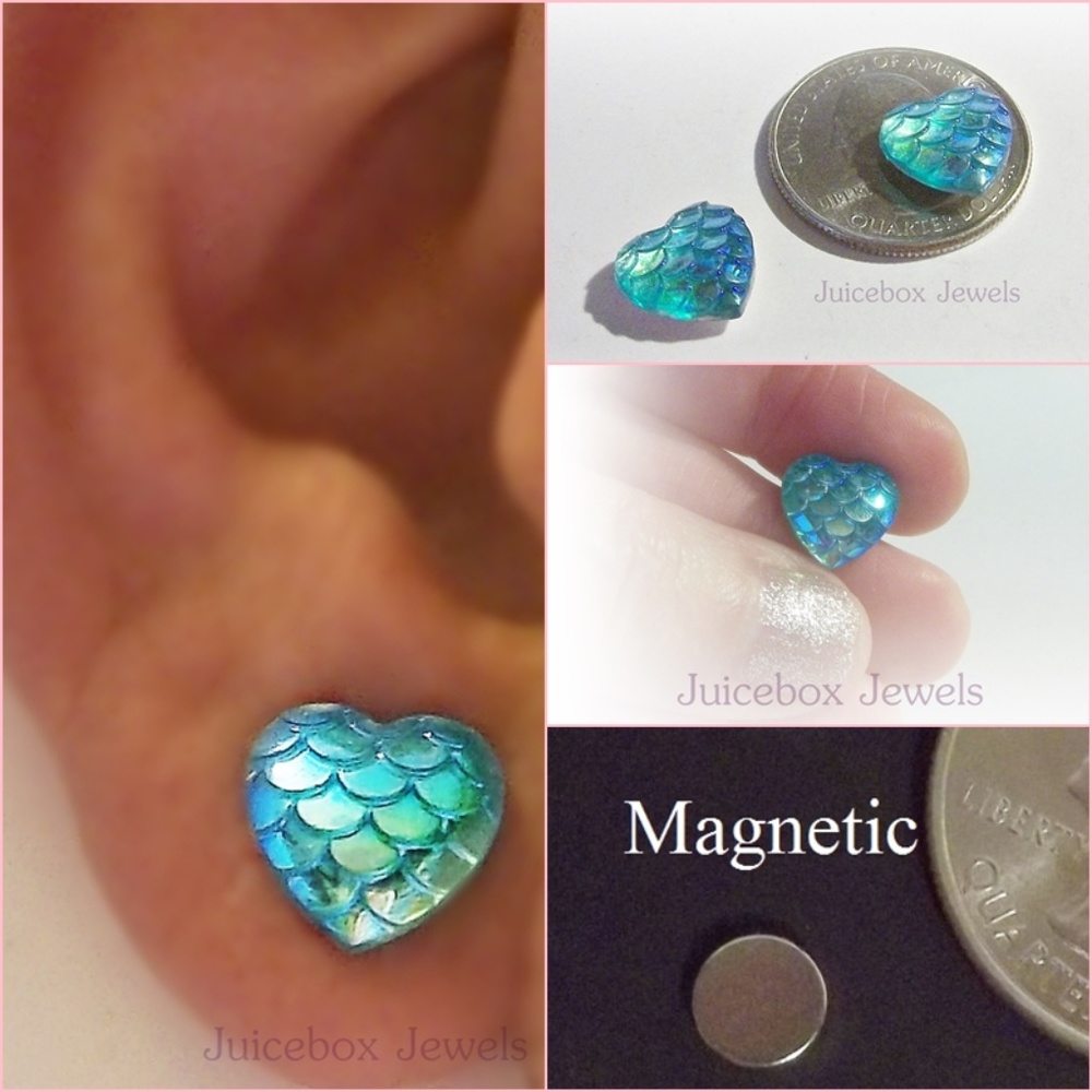MAGNETIC Blue Heart Mermaid Scales Earrings M164